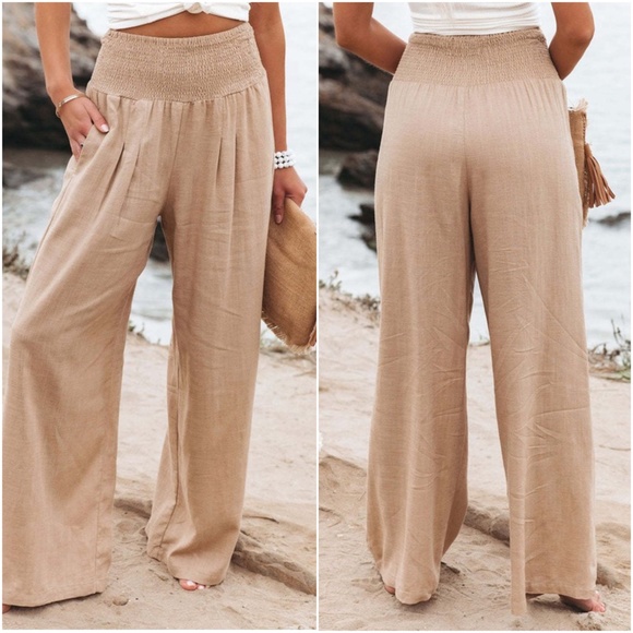 034 NWT High Waisted Smocked Wide leg Lounge Pants - Picture 2 of 2